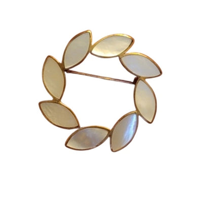 Mother Of Pearl Gold and Cream Leaf Wreath Brooch Gift Mom Daughter Sister