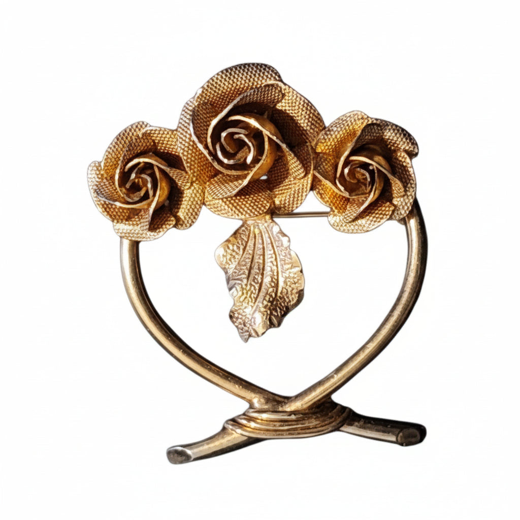 VINTAGE gold tone roses brooch pin 3 roses leaf