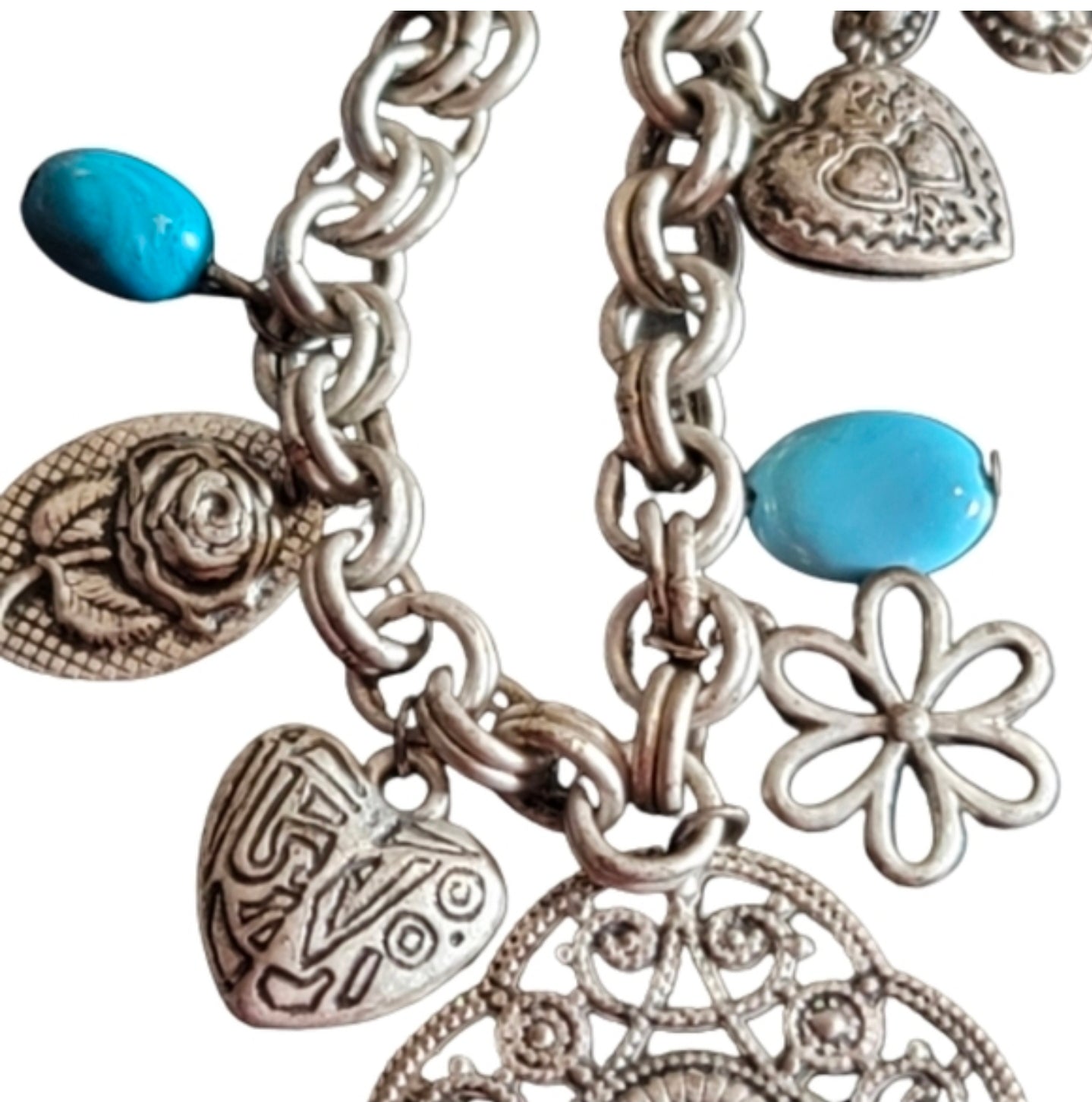 Charm necklace silver tone and blue necklace with pendant. hearts rose flowers