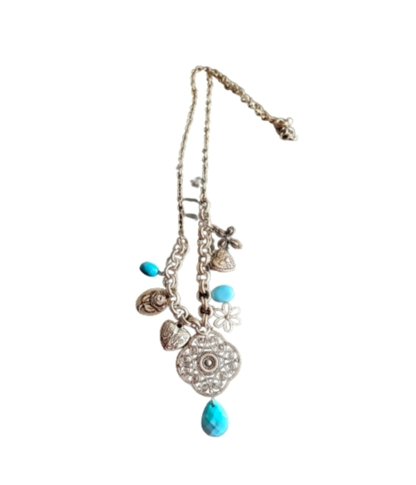 Charm necklace silver tone and blue necklace with pendant. hearts rose flowers