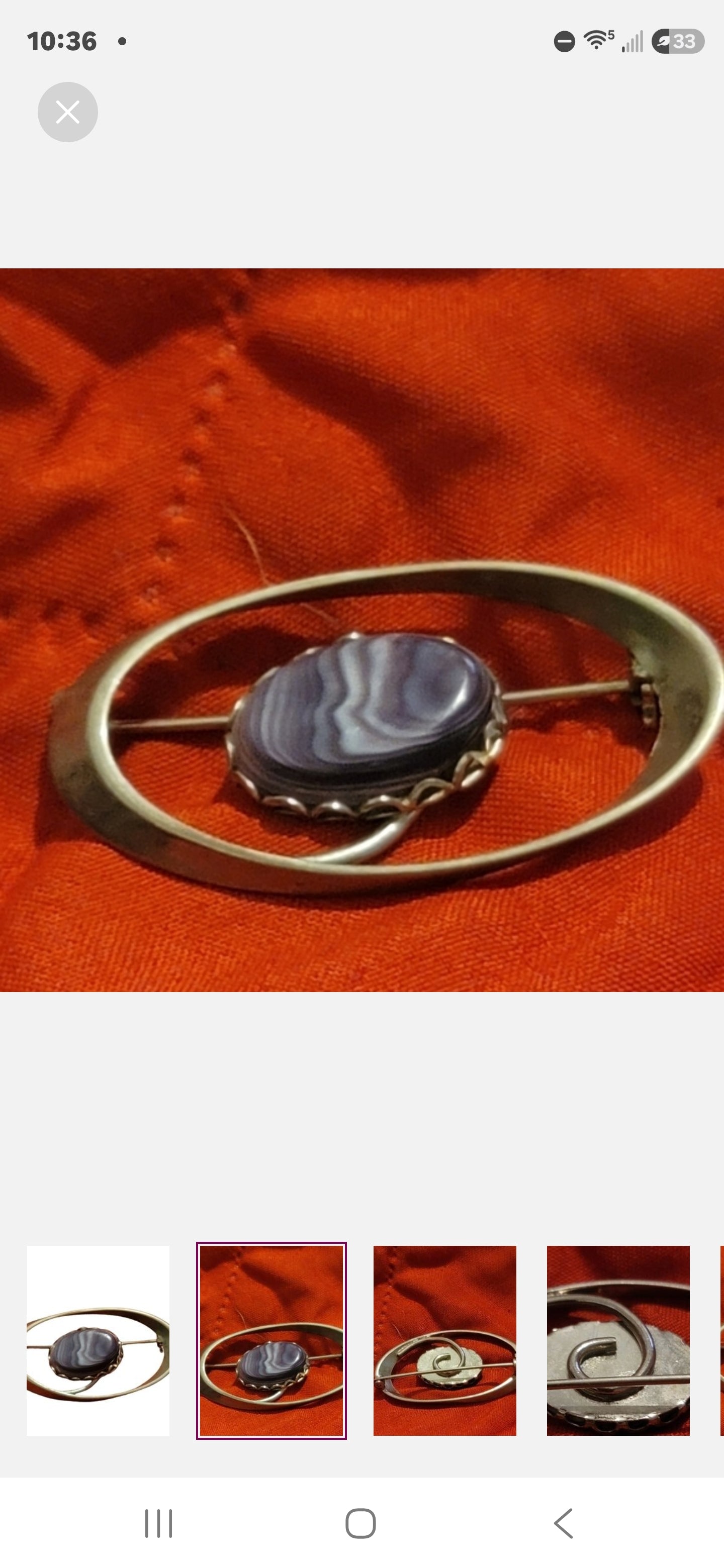 Vintage Open brooch Slanted Silvertone Oval Purple Gray Striated Agate Stone Pin