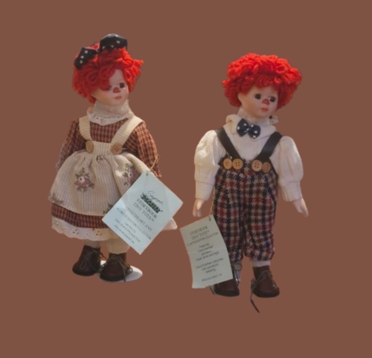 Seymour Mann Storybook Tiny Tots "Sweetheart Ann & Andy" Porcelain Doll Set w/ Stands & Tags
