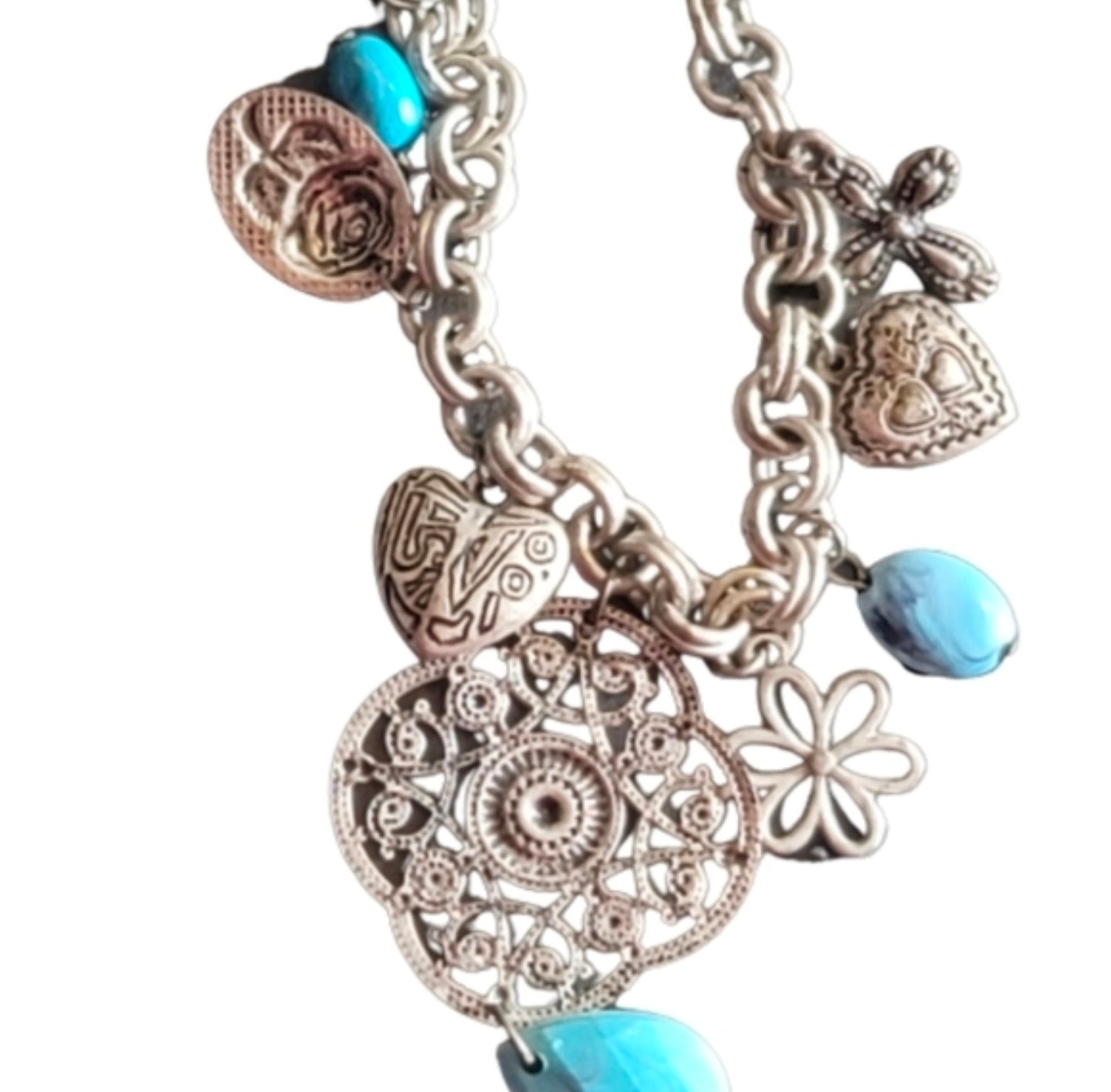 Charm necklace silver tone and blue necklace with pendant. hearts rose flowers