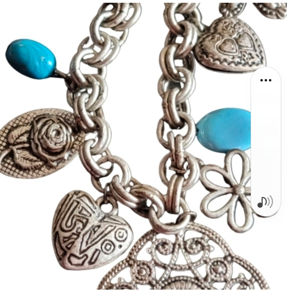 Charm necklace silver tone and blue necklace with pendant. hearts rose flowers