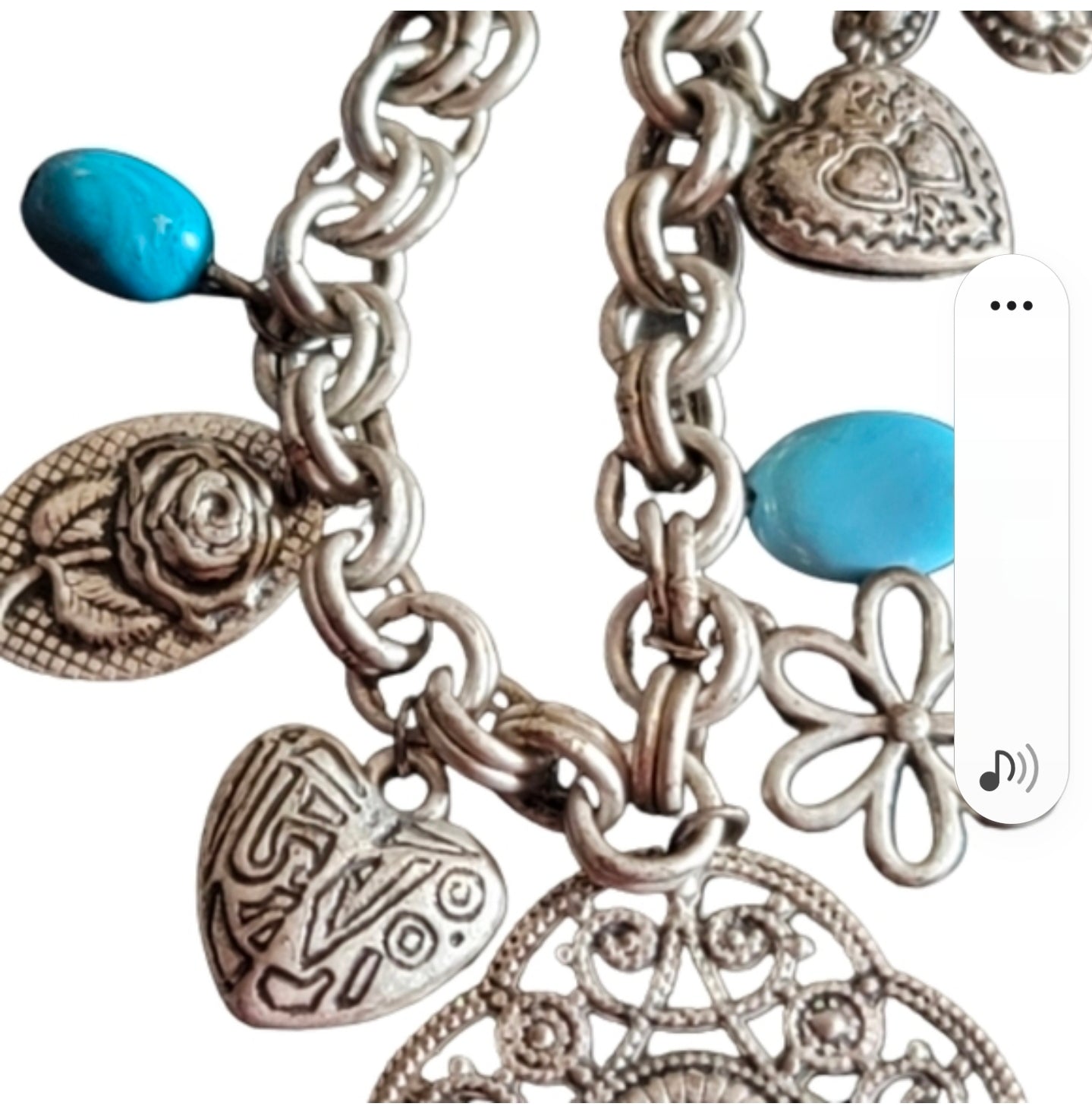 Charm necklace silver tone and blue necklace with pendant. hearts rose flowers