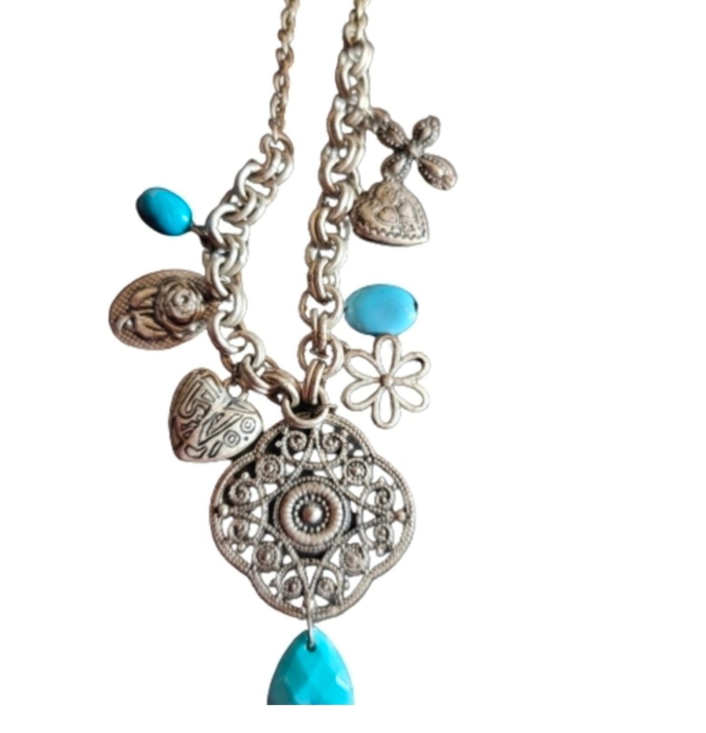 ECLECTIC necklace hearts cross flower silver tone turquoise hippie boho bohemian