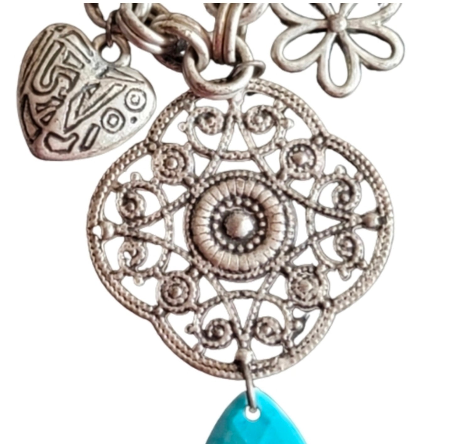 Charm necklace silver tone and blue necklace with pendant. hearts rose flowers