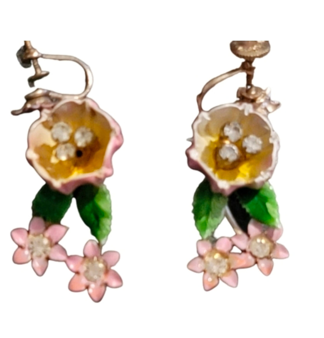 VINTAGE earrings Cottagecore Enamel Pink Maui Flower Earrings Screw Back Victorian