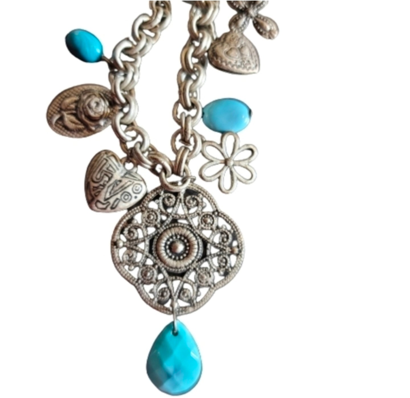 Charm necklace silver tone and blue necklace with pendant. hearts rose flowers
