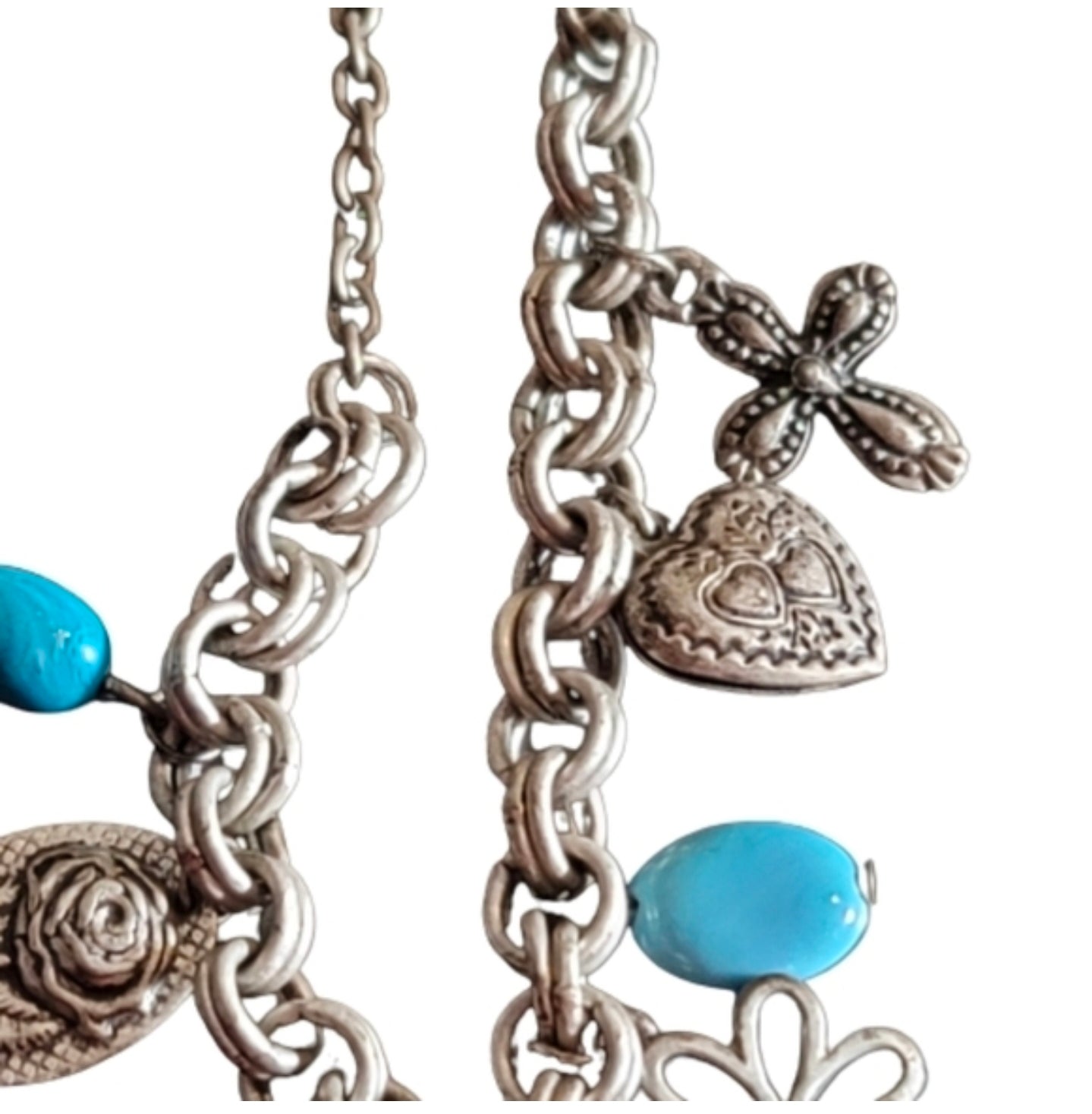 Charm necklace silver tone and blue necklace with pendant. hearts rose flowers