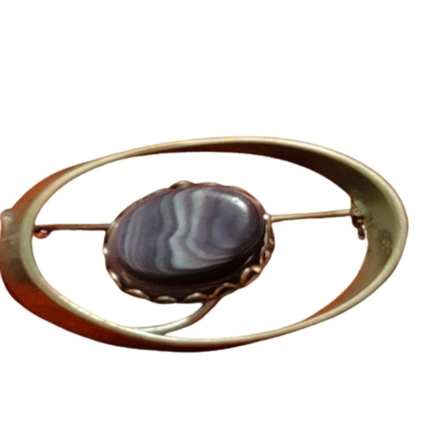 Vintage Open brooch Slanted Silvertone Oval Purple Gray Striated Agate Stone Pin